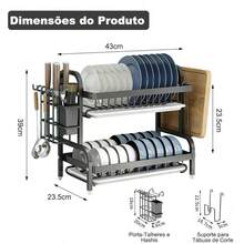 3 Camadas 43CM Organizador Multifuncional de Cozinha 1 Peça Preto 43cm - Suporte Palitos Tabua Corte Prato Drenagem Otimiza Espaço Balcão Presente Festivo - Preto - Visão 5