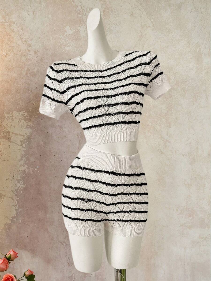 PUMPKIN Y2K Streetwear 2 Pieces Set: Striped Contrast Hollow Out Cropped Crochet Knit Short Sleeve Top And Shorts; Fashionable Cute Sweater - Black and White - View 1