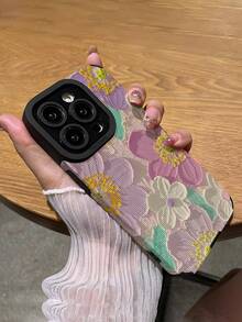 1件装时尚个性化紫白花黄心油画印花竖条纹仿皮软壳保护手机壳，适合作为生日、节日礼物送给朋友、家人、情侣，兼容 17/17 Air/17 Pro/17 Pro Max、16/16 Plus/16 Pro/16 Pro Max、15/15 Plus/15 Pro