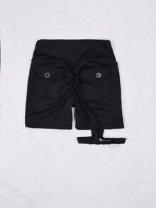 女士性感瑜伽短裤，Y2K风格纯色宽腰带，运动翻盖口袋弹力提臀健身骑行短裤（女款） - 黑色 - 查看 4