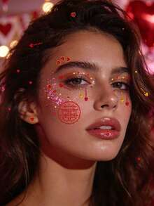 1 Sheet Bold Red & Gold Heart & Circular Rhinestone DIY Face Gems Self-Adhesive Face Jewels For Carnival Parades Latin Parties & Vibrant Makeup Looks Reusable Shiny Face Rhinestones For Women & Festive DIY Beauty Lovers,Rhinestone Face Sticker - Multicolor - View 3