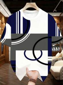 2pcs/Set Plus Size Big & Tall White, Blue & Gray Geometric Patchwork Top + Gray Shorts, American Street Minimalist Colorblock Geometric Print Outfit Summer Sports - Blue - View 3