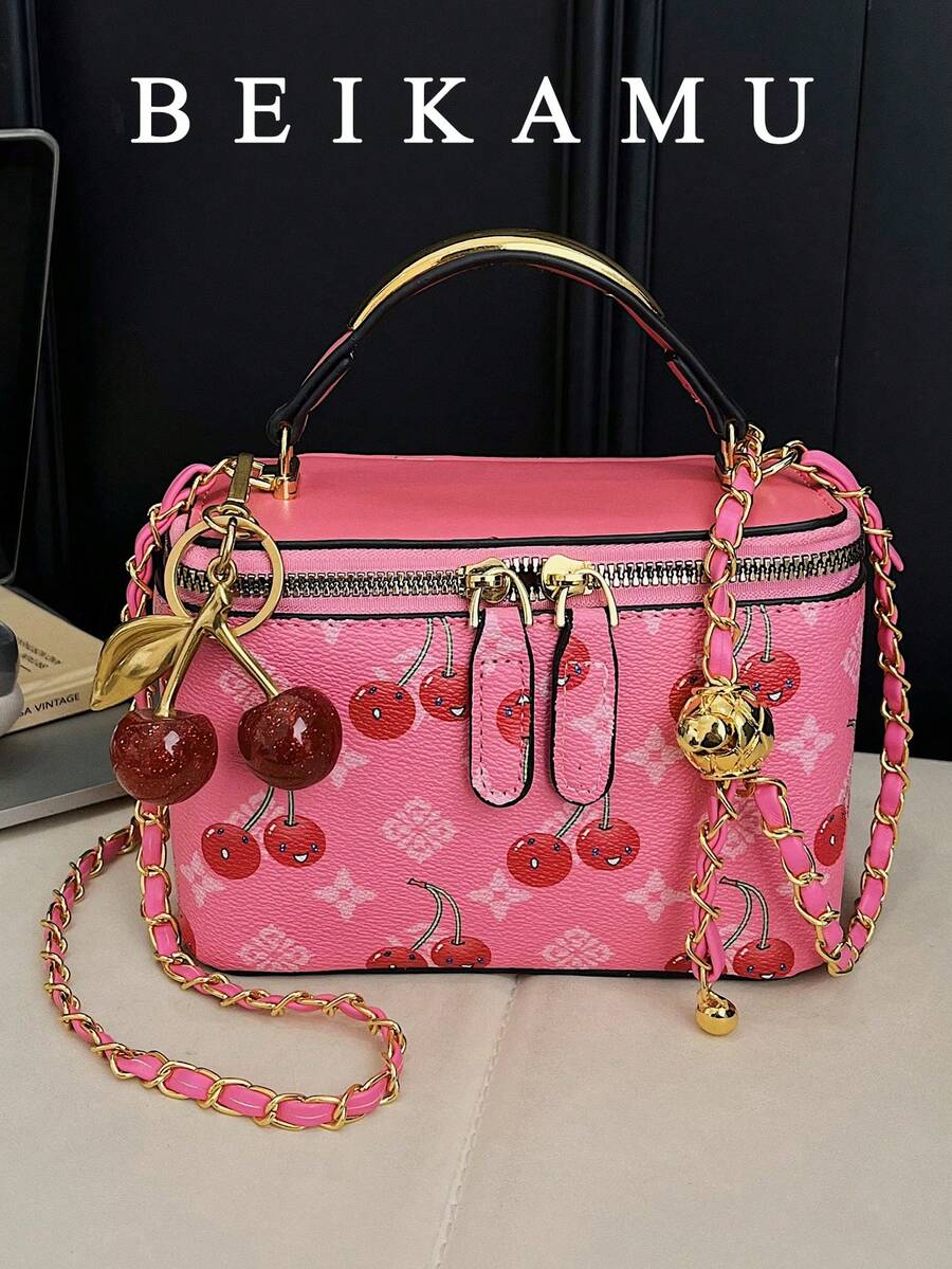 1 chiếc túi xách kiểu hộp thiết kế độc đáo, ví đựng son môi và tiền xu thời trang, túi đeo vai chéo thanh lịch (kèm mặt dây chuyền hình quả anh đào) - Xem 1