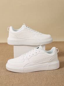 【真皮滑板鞋】36-45码 白色真皮男士滑板鞋 - 女士休闲鞋 - 舒适低帮，耐磨橡胶鞋底，PU内衬 - 休闲系带低帮运动鞋 - 白色 - 查看 9