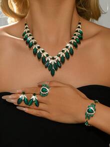 3件/4件/5件套波西米亚复古风合成红色水钻首饰套装，十二月生辰石时尚套装，适合宴会、婚礼和特殊场合佩戴 - 綠色8019 - 查看 12