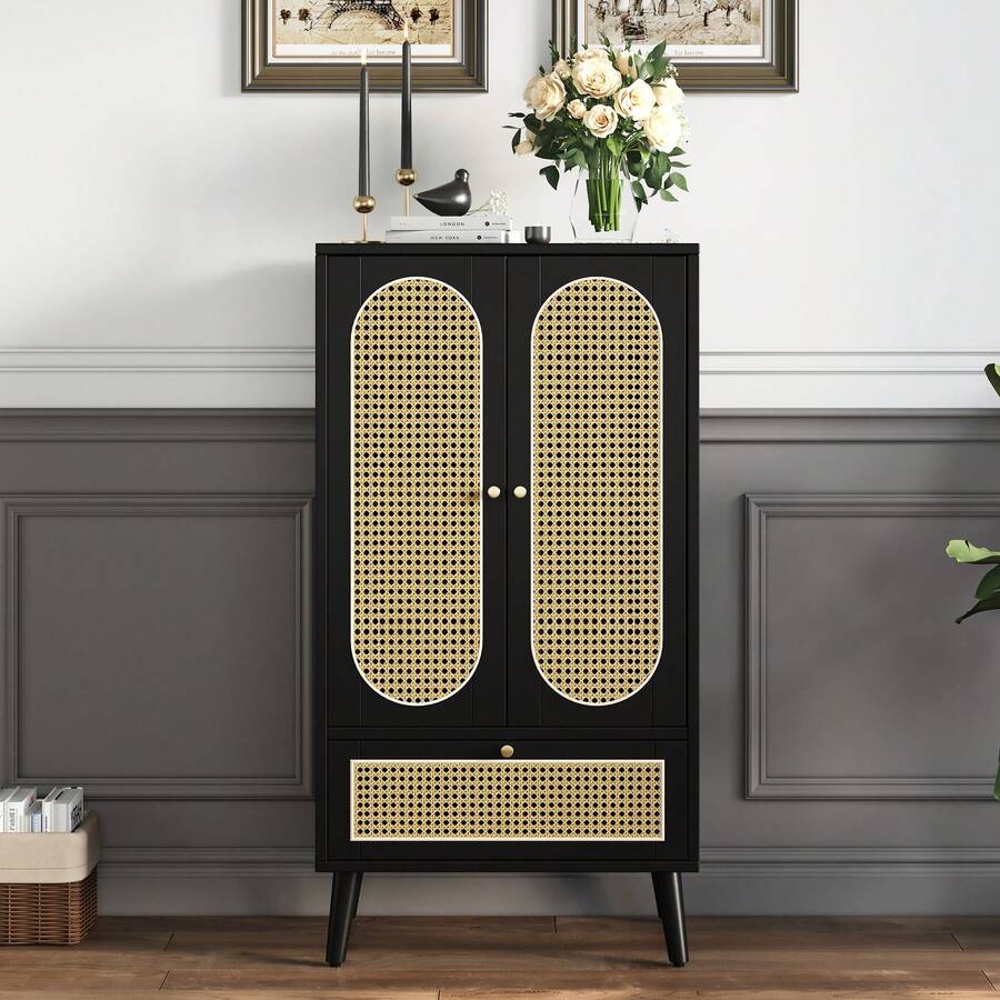 Compact Locker (1.1 M), Rattan Design, Black, 2 Doors, 1 Drawer, High Top, Versatile Shelves. - Black - View 1