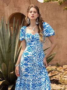 Faeriesty 优雅女士心形领连衣裙：波西米亚风刺绣印花连衣裙，泡泡袖，修身胸衣，层叠荷叶边下摆，腰部饰以精致点缀——完美适用于花园婚礼、波西米亚风新娘写真、私奔之旅、浪漫周年庆典、乡村户外活动等夏季场合。 - 藍色 - 查看 9