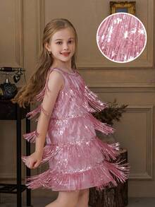 Tween Girl Sleeveless Flowing Sequin Fringe Party Dress, Flower Girl Dress, Princess Gown For Girls, Suitable For Birthday Party, Wedding, Prom, Holiday Celebration - Pink - View 10