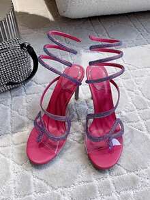 2026新款水钻蛇形缠绕高跟鞋，性感细高跟明星同款单带华丽凉鞋 - 玫紅色 - 查看 4