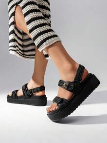 Women's Arch Support 1.61-Inch Platform Wedge Sandals Comfortable Open Toe Casual Dressy With Adjustable Straps PP Straw Shoe Upper For Beach Vocation Flat Summer Black Sandals - màu đen - Xem 4