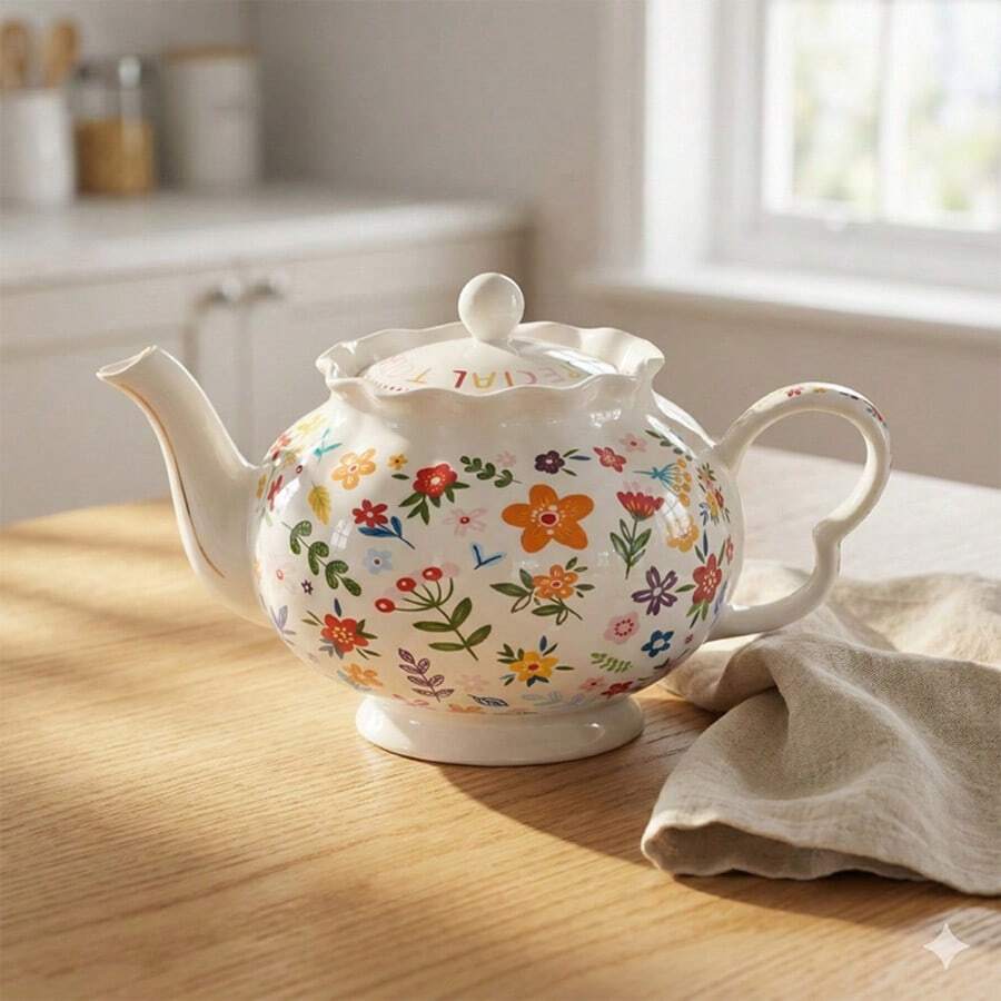 1個春季花卉茶壺,1100毫升 (38盎司) 白色帶花卉裝飾,精美花卉陶瓷茶壺,適用於茶、咖啡、牛奶的陶瓷茶壺,適合辦公室、居家、男女使用,可作為禮物,可洗碗機清洗,優雅春季花卉貼花,適合日常使用或送禮 - 彩色 - 查看 1