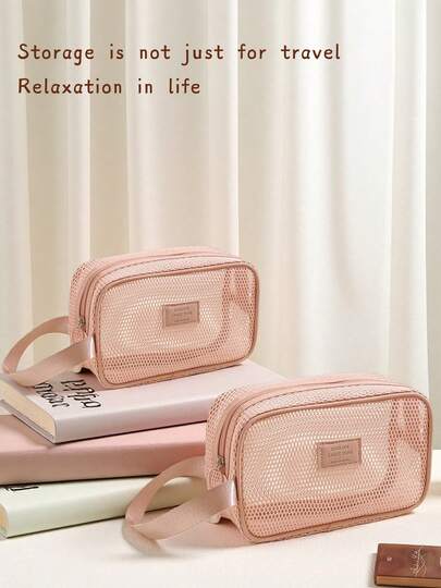 Bolsa de almacenamiento de artículos de tocador portátil de malla, bolsa de ducha transpirable y de secado rápido, organizador de cosméticos, bolsa de maquillaje de malla de gran capacidad multifuncional, estuche de maquillaje transparente de mano, bolsa de maquillaje y artículos de viaje, decoración de la habitación de maquillaje