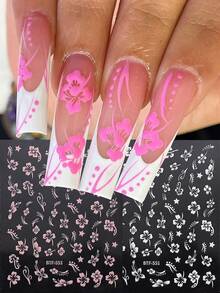 2 piezas Pegatinas de arte de uñas 3D de flor de hibisco, calcomanías de uñas florales rosa y blancas, láminas de uñas de hojas tropicales para el verano - Multicolor - Ver 2