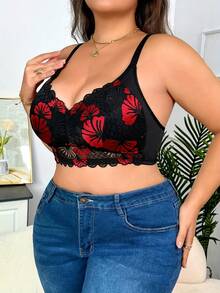Plus Size Sexy Lingerie Set With Black Patchwork, Red Shell Lace Trim, Wireless Bra, Comfortable & Skin-Friendly Fabric - Black - View 1