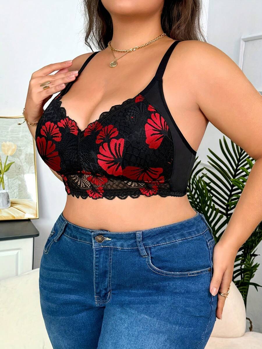 Plus Size Sexy Lingerie Set With Black Patchwork, Red Shell Lace Trim, Wireless Bra, Comfortable & Skin-Friendly Fabric - Black - View 1