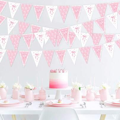 1 Set Pink Party Banner, Pink Bow Party Banner Decor With Bow Pennant Flags, Suitable For Wedding, Bridal Shower, Bachelorette Party And Birthday Celebration