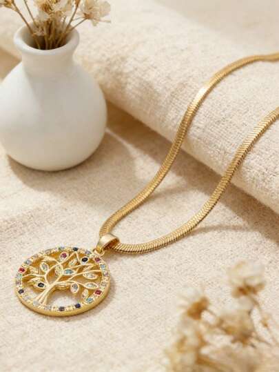 1pc Luxury Golden Round Tree Of Life Pendant Necklace, Elegant Style Jewelry Gift For Women, Suitable For Party, Daily Wear (OPP Bag Packaging)