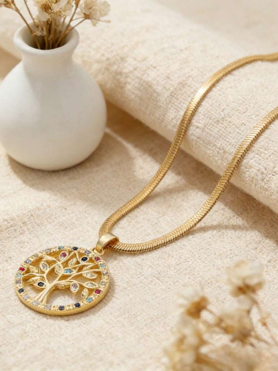 1件装奢华金色圆形生命之树吊坠项链，优雅风格珠宝，女士礼物，适合派对、日常佩戴（OPP袋包装） - 彩色 - 查看 1