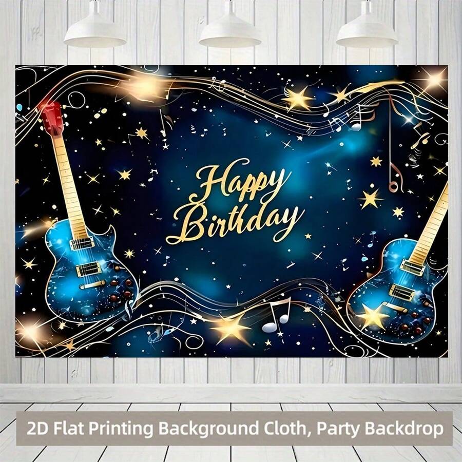 1 szt. Tło urodzinowe z nutami gitary, motyw urodzinowy, w tym wzór złotej gwiazdy, odpowiednie na przyjęcia urodzinowe, artykuły imprezowe, dekoracje imprezowe, rocznice, tła do zdjęć studyjnych, spotkania rodzinne, do użytku wewnątrz i na zewnątrz, dekoracja ścienna, dekoracja korytarza, imprezy ogrodowe, imprezy tematyczne - Wielokolorowe - Zobacz 1