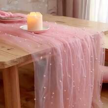 Caminho de mesa rosa estilo boho com pérolas, ideal para festas de casamento, chá de bebê e decoração de mesa de doces. - luz rosa - Ver 2