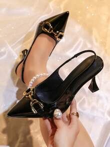 女士尖头金属搭扣高跟派对鞋 - 黑色 - 查看 1