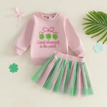 2Pcs/ Set Toddler Baby Girl St Patricks Day Outfit Lucky Charm Sweatshirt And Tulle Tutu Skirts Set Cute Infant Irish Clothes  St Patricks Day Gifts For Kids - 粉色 - 查看 12