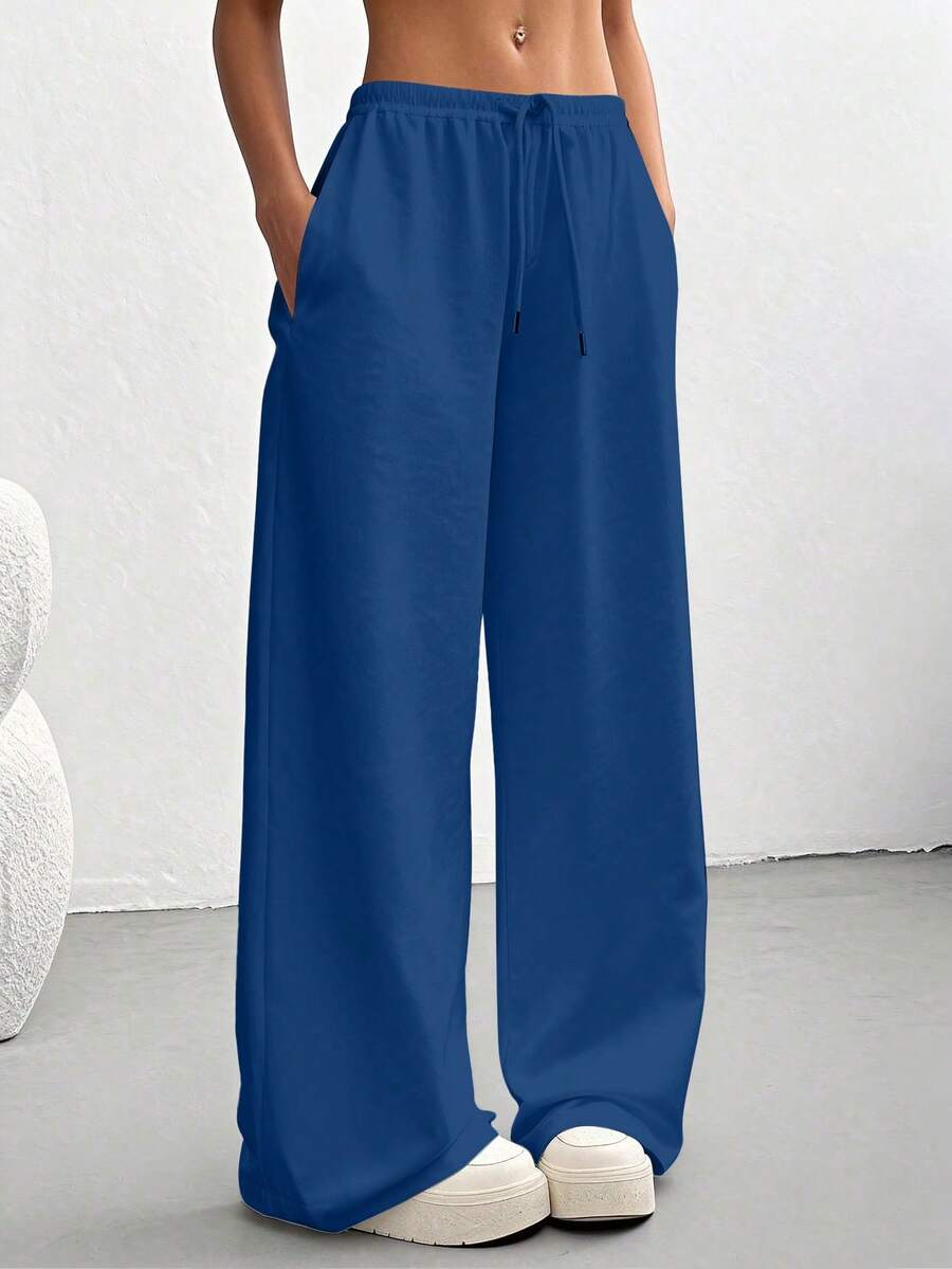 Women's Casual Solid Color Drawstring Waist Sports Pants - Blue - View 1