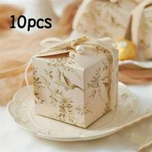 10/50/20pcs Wedding Decoration Boxes With Velvet Ribbon, Pearl, Floral, Birthday Party Gift Packaging Boxes, Foldable - 10 Champagne-colored Pieces - View 8