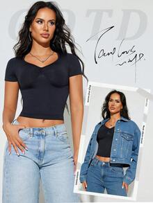 女士无缝短袖压缩V领上衣 - 黑色 - 查看 2