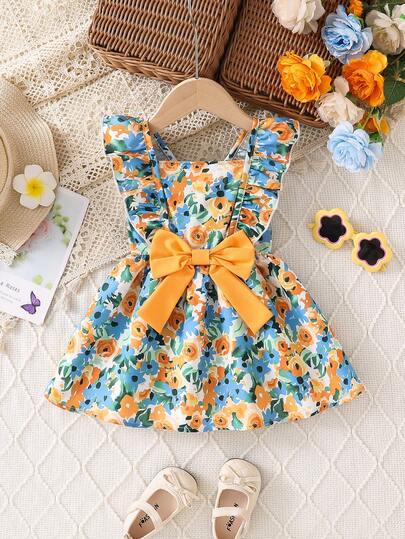 Baby Girls' Spring/Summer Ditsy Floral Sleeveless Dress With Big Bow Decor, Children's Fashion Elegant Charming Pastoral Style Clothing, Comfortable For Indoor, Outdoor, Travel & Vacation