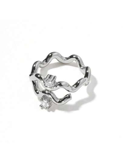 1 pieza Anillo curvo elegante de circonita cúbica, joyería de alta gama para fiestas y ocasiones formales de mujeres, hecho de material de cobre que resiste el desvanecimiento y las alergias, regalo ideal