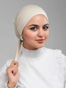 1pc Simple Solid Color Soft & Comfortable Headscarf, Headwrap, Turban Style Cap, Women Chemo Hat, Suitable For Daily Life And Outdoor Sports For Dress - Màu be - Xem 7