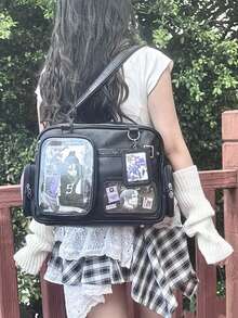 新款日系PU皮Y2K心形链条透明徽章包，休闲简约街头通勤多功能大容量单肩斜挎包，可收纳杂物、挂钥匙、存放明信片 - 黑色 - 查看 6