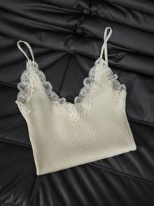 Lace Camisole Women's Undershirt, V-Neck Knit Vest With Lace Patchwork, Suitable For Winter, Christmas, Spring New Year Outfits - Apricot - View 7