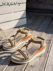 WRCVS Beige Women's Sandals, Strap Shoes, Summer Platform Thick Bottom Sandals, Rope Bottom Fashionable Holiday Sandals, Handmade Beaded Sandals, Random Woven Pattern Bohemian Style Wedge Sandals - Beige - View 7