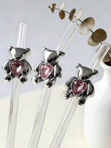 1pc Metal Heart-Shaped Bear Transparent Reusable Straw, Bendable For Various Beverages, Party Cup Decor, Holiday Atmosphere Enhancer - Clear - View 7