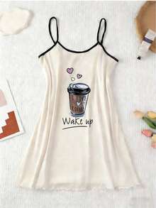 3pcs Valentine's Day Gift Set: Cute Cartoon Print Ruffle Trim Women Knitted Camisole Nightgown Sleepwear Set - Multicolor - View 2