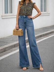 Damen Mode luftige Highwaist Stretch Schlaghose in Blau - Blau - Übersicht 2