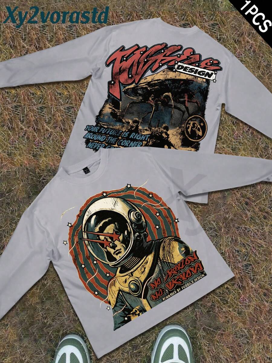 Y2k Astronaut Art Punk Long Sleeve Shirts ,Sky Double-Sided Printing,Christmas Style Graphic T Shirt Cotton,Fashionable Hip-Hop For Men - Long Sleeve T-Shirts, Funny Vintage Shirts,Regular Fit, Street Style, Digital Print, Ideal Gift - 淺灰色 - 查看 1