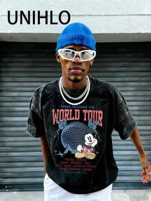 Disney UNIHLO   Mickey   Printed Summer Heavyweight Retro Washed Street Fashion Casual T-Shirt - Black - View 3