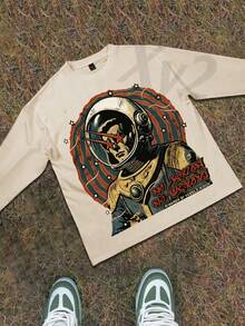 Y2k Astronaut Art Punk Long Sleeve Shirts ,Sky Double-Sided Printing,Christmas Style Graphic T Shirt Cotton,Fashionable Hip-Hop For Men -  Long Sleeve T-Shirts, Funny Vintage Shirts,Regular Fit, Street Style, Digital Print,  Ideal Gift - Màu be - Xem 2