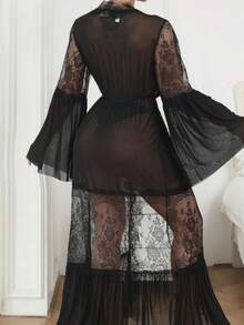 Womens Mesh Swimsuit Coverup Lace Embroidered Long Beach Cover Ups Flare Long Sleeve Tie Front Summer Cardigan - 黑色 - 查看 3