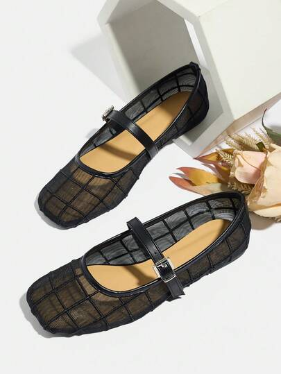 Plus Size Women's Square Toe Mary Jane Black Vintage Mesh Slip-On Shoes, 2026 New Spring/Autumn Versatile Comfortable Breathable Hollow-Out Flat Shoes, Suitable With Dresses