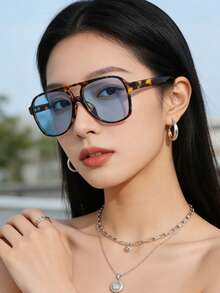 1pc Unisex Double Bridge Minimalist High-Quality Glasses, Suitable For Travel, Vacation, Casual, Party And Daily Wear - Leopard Frame Blue Piece - View 4