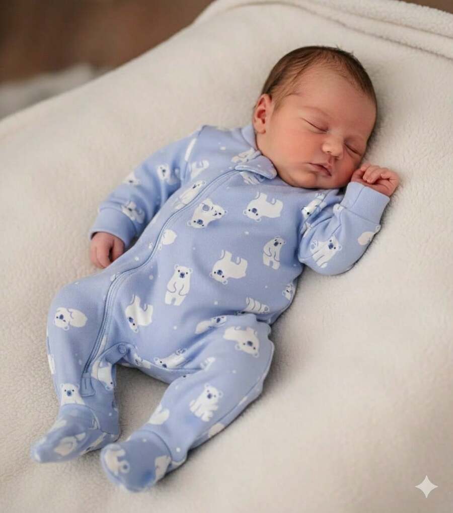 Baby Girl/Boy Long-Sleeved  With Zipper, Lined, Warm, Practical, Comfortable, Printed, Sizes Newborn, Small, And Medium, With Closed Feet. - 藍色泰迪熊 - 查看 1