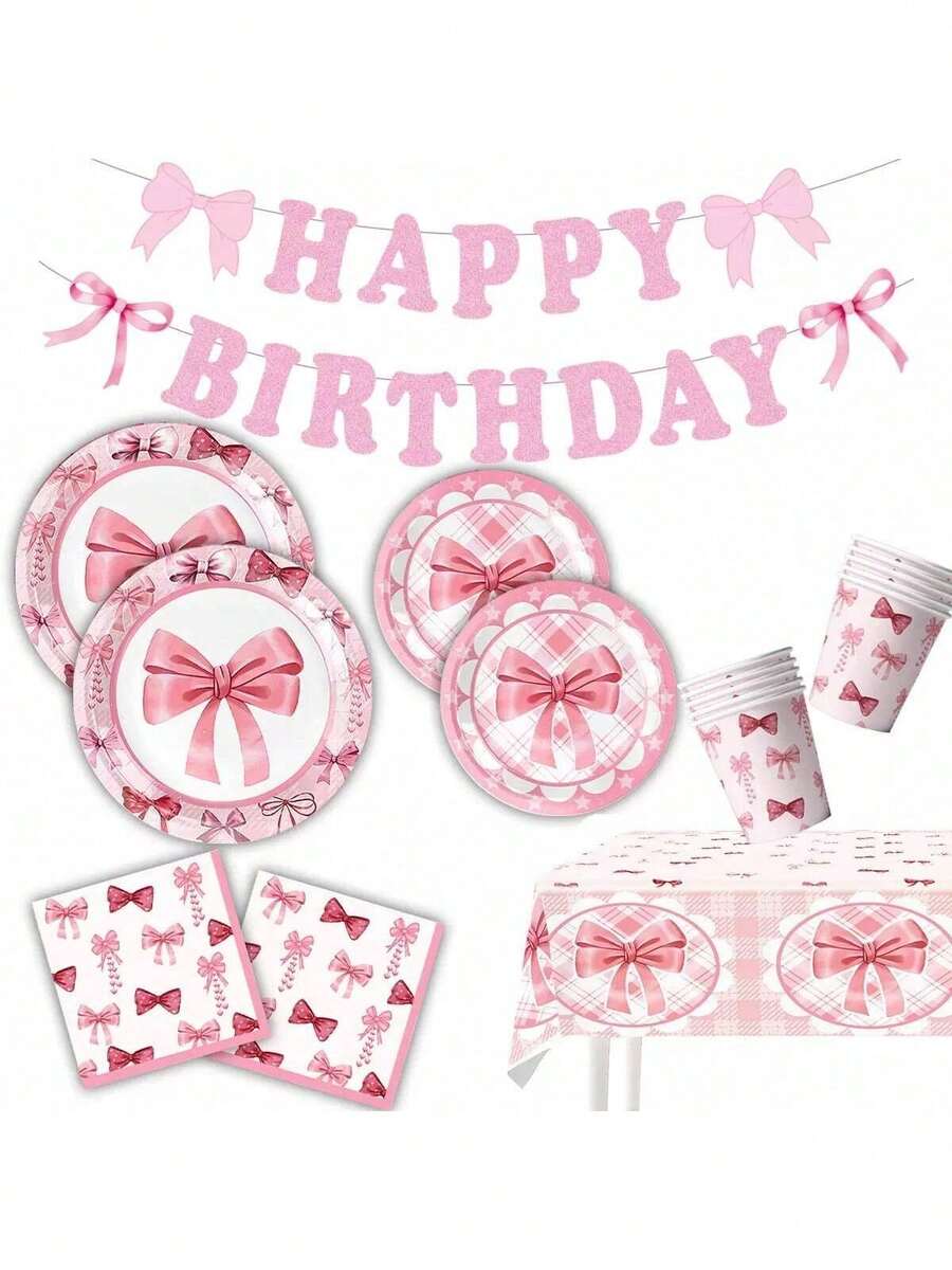 50pcs Pink Bow Birthday Party Themed Disposable Tableware Set, Includes Disposable Plates, Napkins, And Paper Cups , Perfect For Music Festival, New Year's Celebrations,Back-To-School Celebrations - Multicolor - View 1