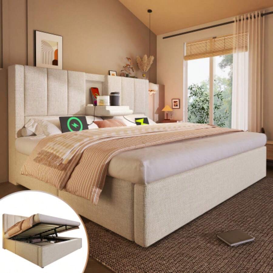 Upholstered Bed 160x200 Cm Double Bed With Hidden Cup Holder & Charging Station, Hydraulic Bed With Storage Space Under The Bed, Incl. Slatted Frame, Linen Beige (Without Mattress) - White - View 1