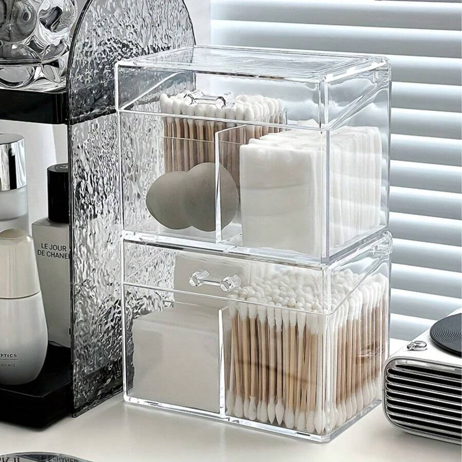 1 pezzo Scatola portaoggetti per cotton fioc, Scatola portafazzoletti da trucco in acrilico per salone di bellezza, Scatola per il tavolo da toeletta, Scatola portafazzoletti struccanti, In plastica trasparente, 3 scomparti, Con coperchio antipolvere