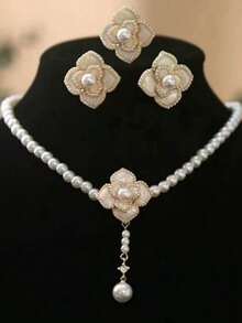3件套法式复古微镶珍珠山茶花项链，优雅轻盈奢华，女孩饰品 - 三件套 - 查看 2