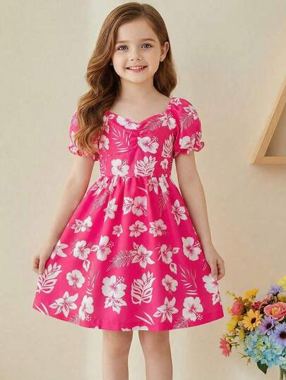 BASUSARRI Vestido de niña veraniego blanco con flores, de cuello dulce y mangas abullonadas, fresco y de moda, lindo y sencillo